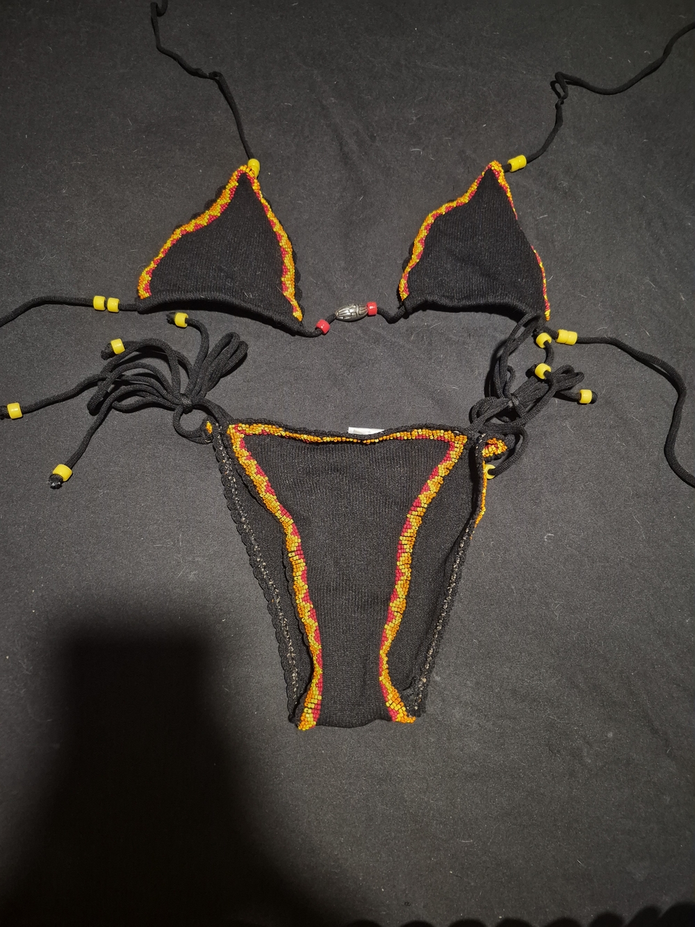 Black Crochet Triangle Bikini with Red & Yellow Trim